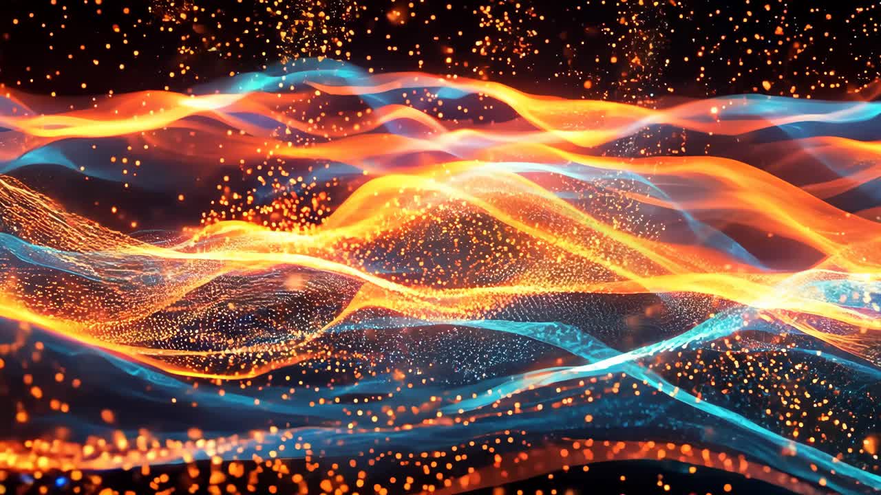The image is a computer generated image of a wave with orange and blue colors. The waves are very small and the colors are bright and vibrant. Scene is energetic and dynamic