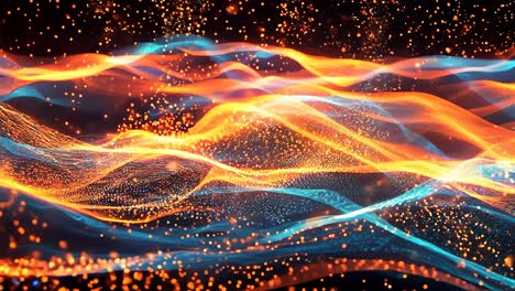 het beeld is een door de computer gegenereerd beeld van een golf met oranje en blauwe kleuren. de golven zijn erg klein en de kleuren zijn helder en levendig. de scène is energiek en dynamisch