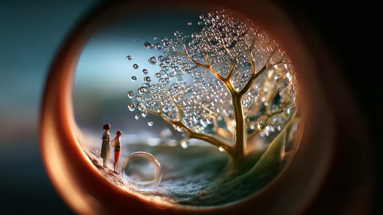 A Dreamlike Encounter: Two Figures Embrace Within a Surreal, Water-Drenched Landscape Surrounded by a Magical Tree, Creating an Enchanting Perspective of Connection and Wonder