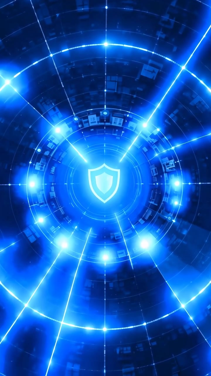 Blue circular interface moves steadily toward a luminous shield icon while connected nodes, grid lines, and radiant streaks grow brighter around the centered security symbol.