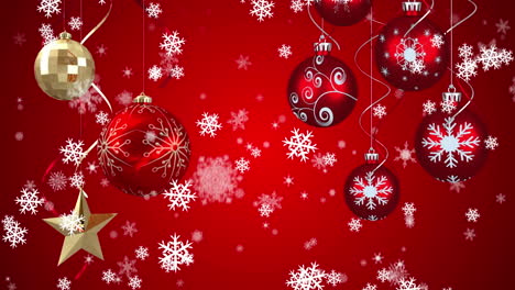 animación digital de la nieve cayendo sobre bolas de navidad y estrellas decoraciones colgando