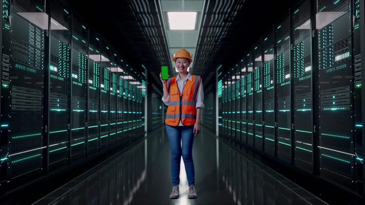 Full Body Of Asian Female Engineer With Safety Helmet Smiling And Showing Green Screen Smartphone To The Camera in Server Room Data Center