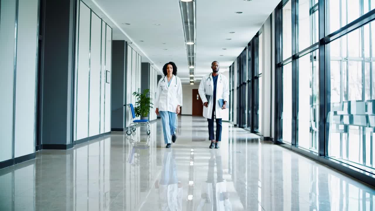 Vista traseira de profissionais da área médica caminhando pelo corredor de um hospital, capturada em um ângulo baixo