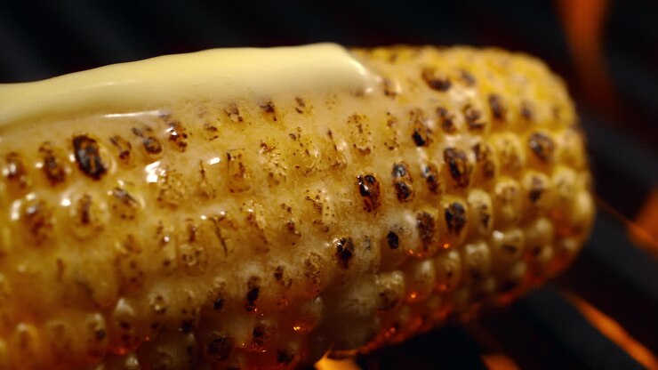 Fire Roasted Corn Cob With Butter On A Grill Grate, A Summer Vegetarian BBQ in Macro and Slow Motion