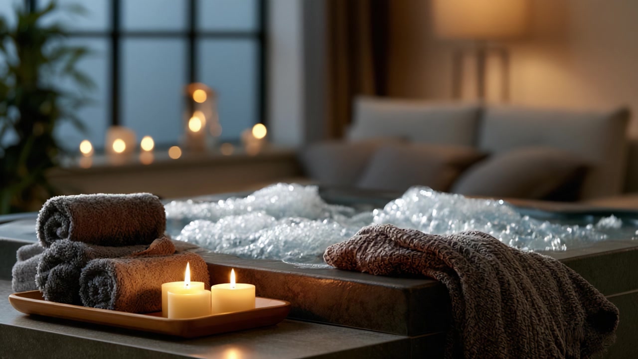 Un'esperienza spa tranquilla con candele calde, asciugamani morbidi e acqua gorgogliante, creando un'atmosfera rilassante perfetta per distendersi dopo una lunga giornata.