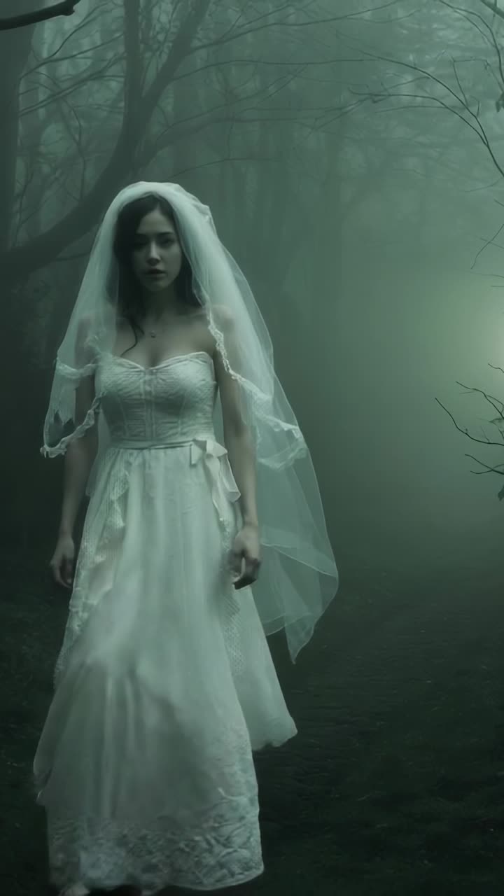 Vertical video: Walking bride in wedding dress and veil through misty forest, solemn gaze
