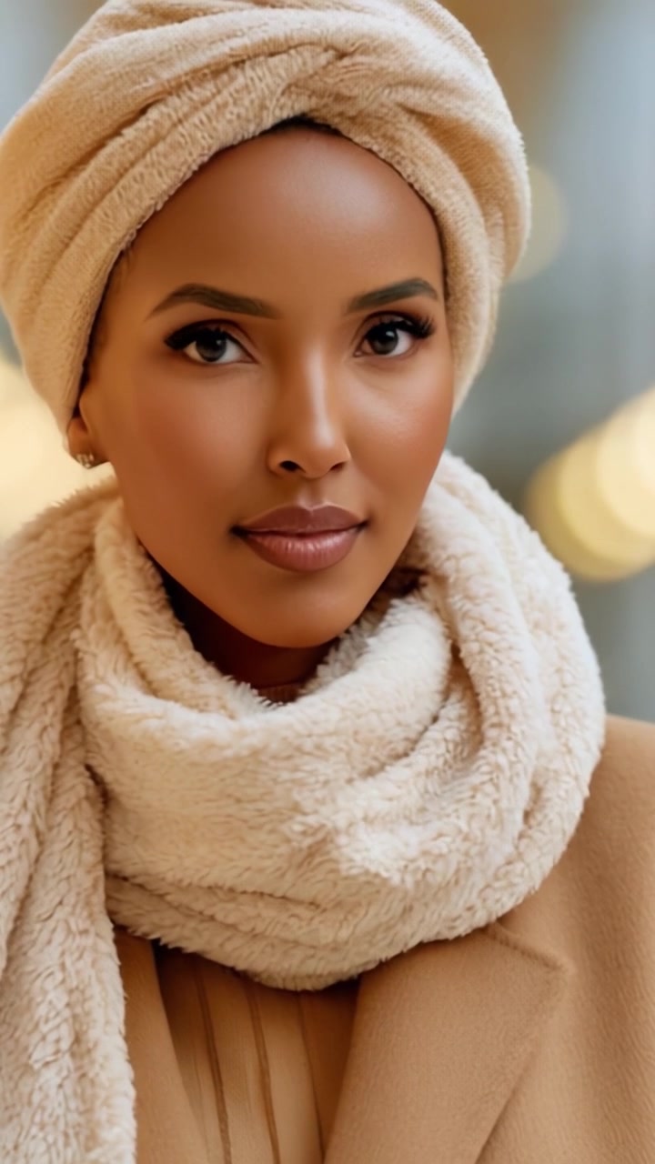 Eleganza aggraziata: una donna con una morbida sciarpa color crema e un foulard, che cattura l'essenza della moda invernale con uno stile senza tempo in un'atmosfera calda e accogliente.