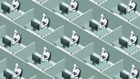 espacio de trabajo de oficina de cubículo con robots humanoides trabaja en la computadora