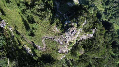 acercarse cayendo vista de avión no tripulado a una montaña llena de árboles de flaura y piedras que salen altas colinas y pájaro blanco volando en círculos pura calma y vacío de la mente meditación