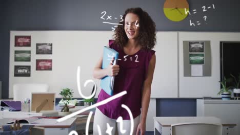 animation of maths calculations over happy biracial female school teacher in classroom