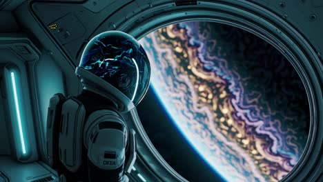 astronauta mirando un planeta desde una ventana de una nave espacial