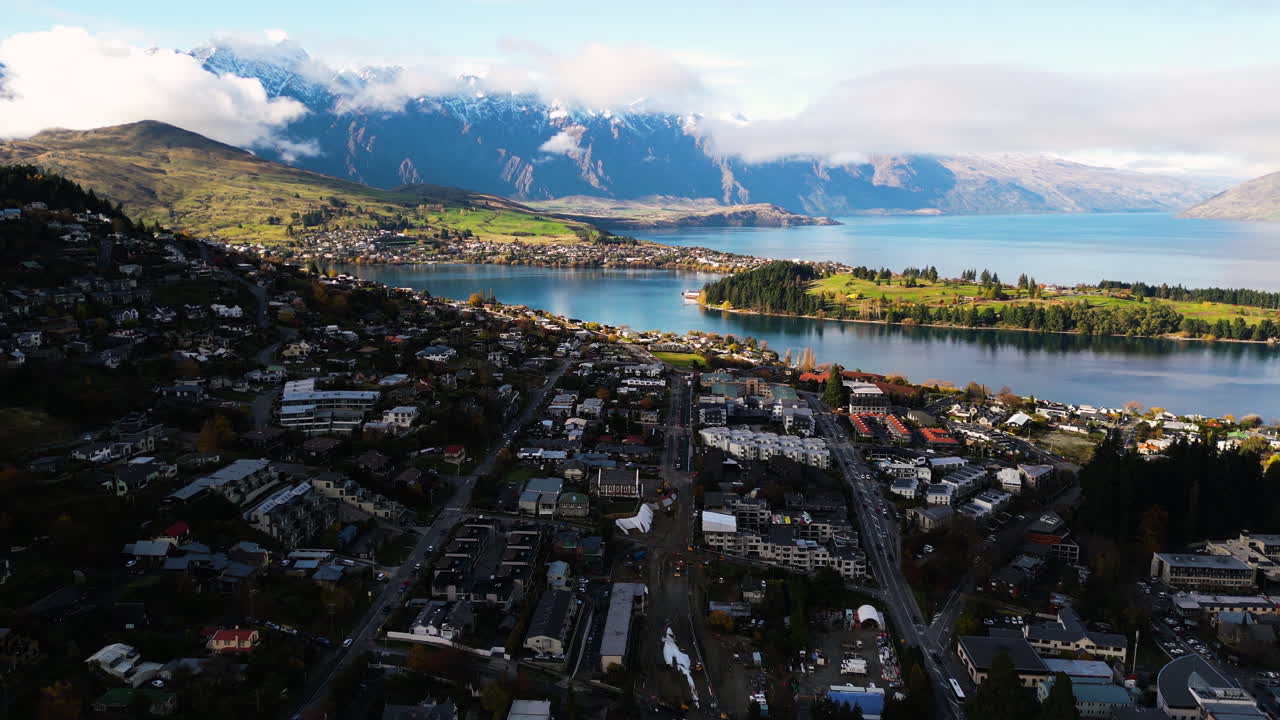 Beautiful mountain landscape across lake Wakatipu in NZ, Queenstown, bird's eye view