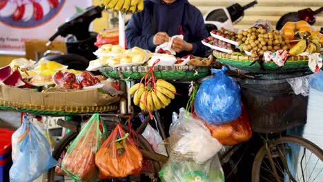 vendor selling various fruits on a bicycle