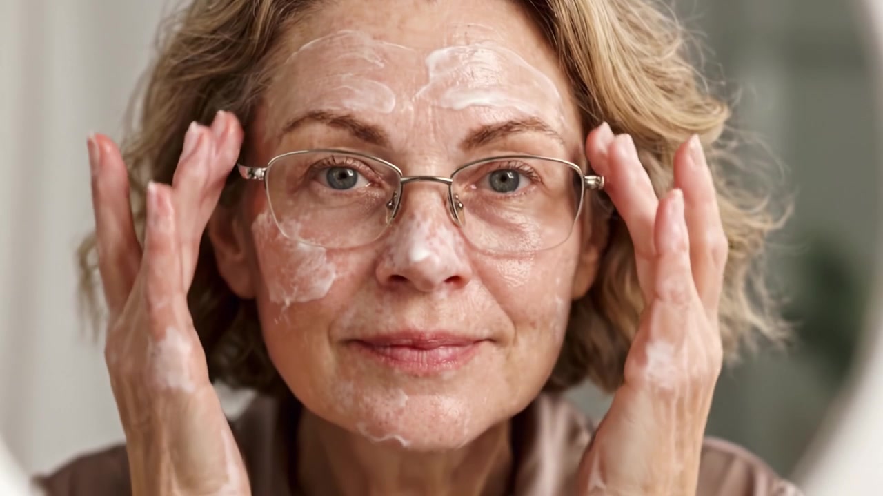 Routine delicata di cura della pelle: Una donna anziana che applica la crema con cura e attenzione in un ambiente illuminato delicatamente per una pelle radiosa e sana.