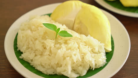 Durian-with-sticky-rice---sweet-durian-peel-with-yellow-bean,-Ripe-durian-rice-cooked-with-coconut-milk---Asian-Thai-dessert-summer-tropical-fruit-food-1