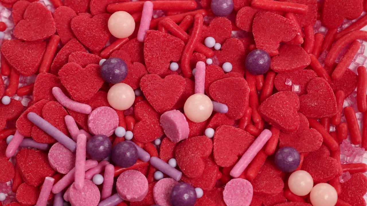 Vibrant candy hearts and sprinkles cascade in a dynamic, colorful display. Bright lighting enhances the playful, sweet atmosphere