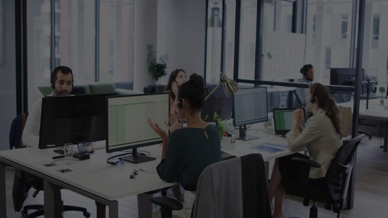 Front woman adjusting headset in office, monitor starting encryption overlay, team securing data