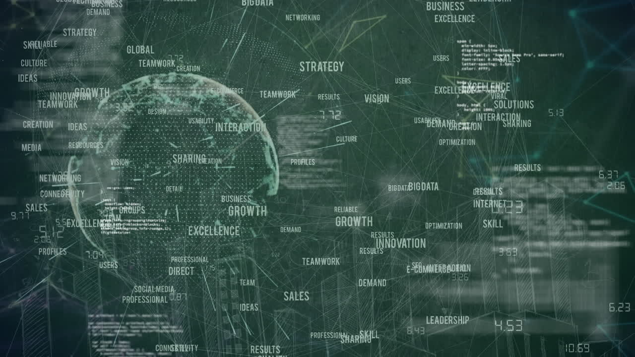 Animation of globe with network of connections and data processing