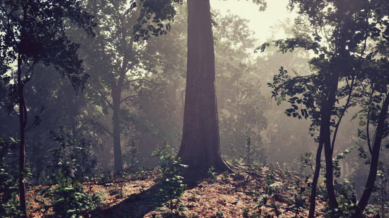 태양 광선이 상록한 숲의 나무 줄기를 통해 흐르고 있습니다.