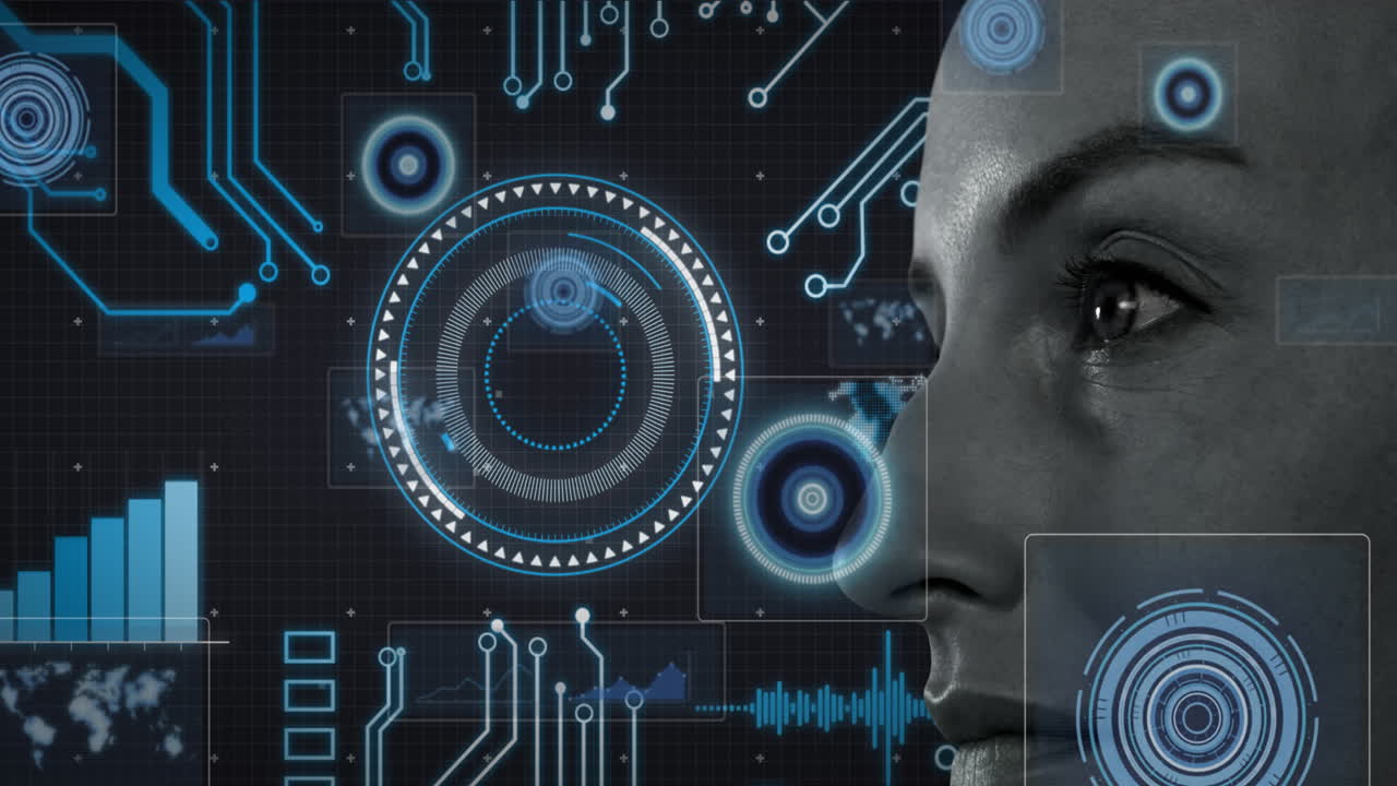 Animation of scope scanning and data processing over woman
