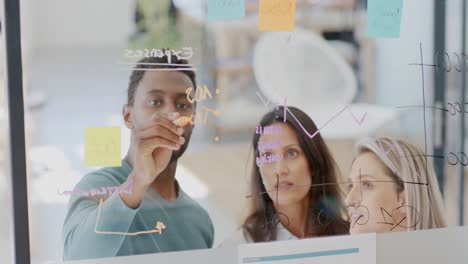 Busy-diverse-business-people-taking-notes-on-glass-wall-in-slow-motion