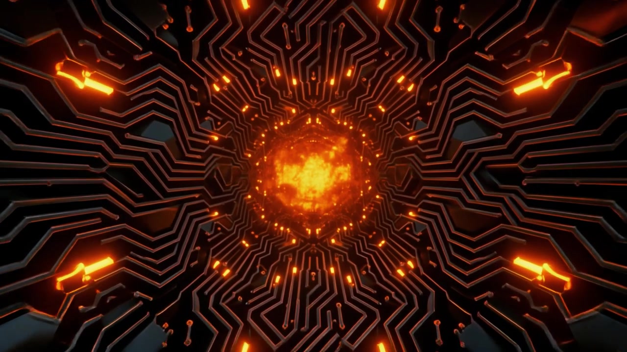 Futuristic Digital Circuit Board Tunnel with Glowing Orange Core