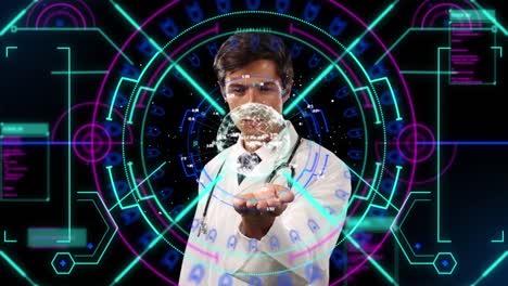 Animation-of-caucasian-male-doctor-with-globe-over-digital-screen-with-neon-lines