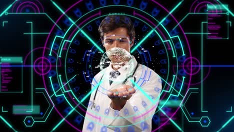 animation of caucasian male doctor with globe over digital screen with neon lines