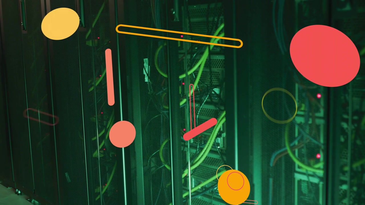 Vertical video: Orange orb popping, starting rack, green cabling, shapes fanning to show data flow