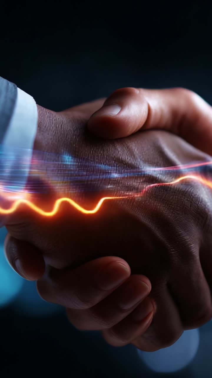 A Dynamic Handshake Representing Connection and Collaboration with Vibrant Energy Waves Illustrating the Fusion of Ideas and Innovation in Business Interactions