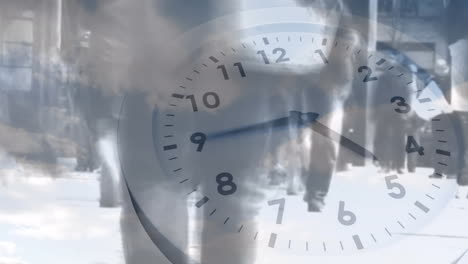 animation of moving clock and sky with clouds over diverse people walking on street