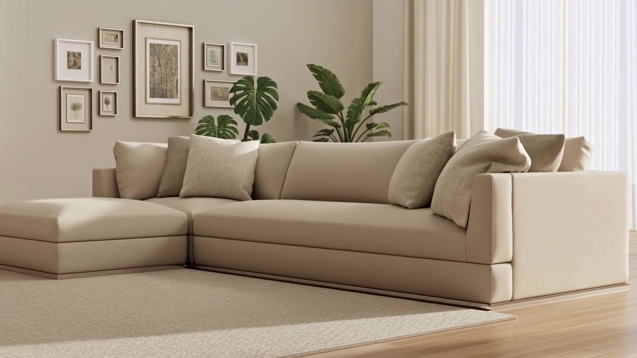 La luz del día se filtra a través de cortinas transparentes junto a un sofá chaise longue tapizado, mientras un movimiento gradual hacia adelante enfatiza los cojines en capas, las plantas de hojas, los marcos de galería, la alfombra beige y la decoración moderna y limpia
