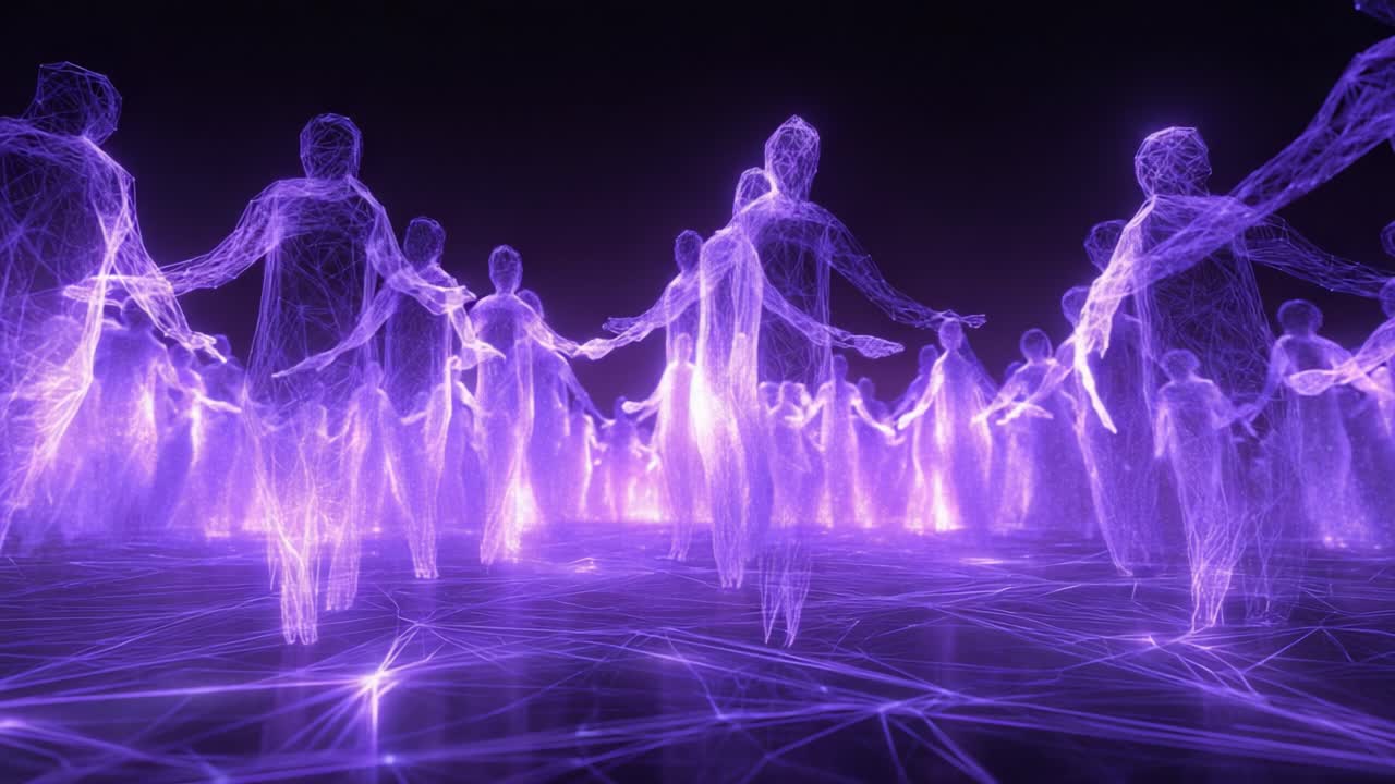A stunning depiction of an ethereal gathering of interconnected, translucent figures in a captivating digital realm, showcasing the beauty of collective unity illuminated in vibrant purple hues