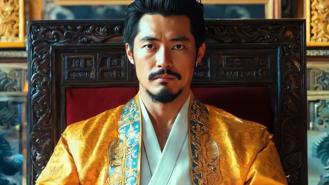 황색 의복 을 입은 사람 이 왕좌 에 앉아 있다