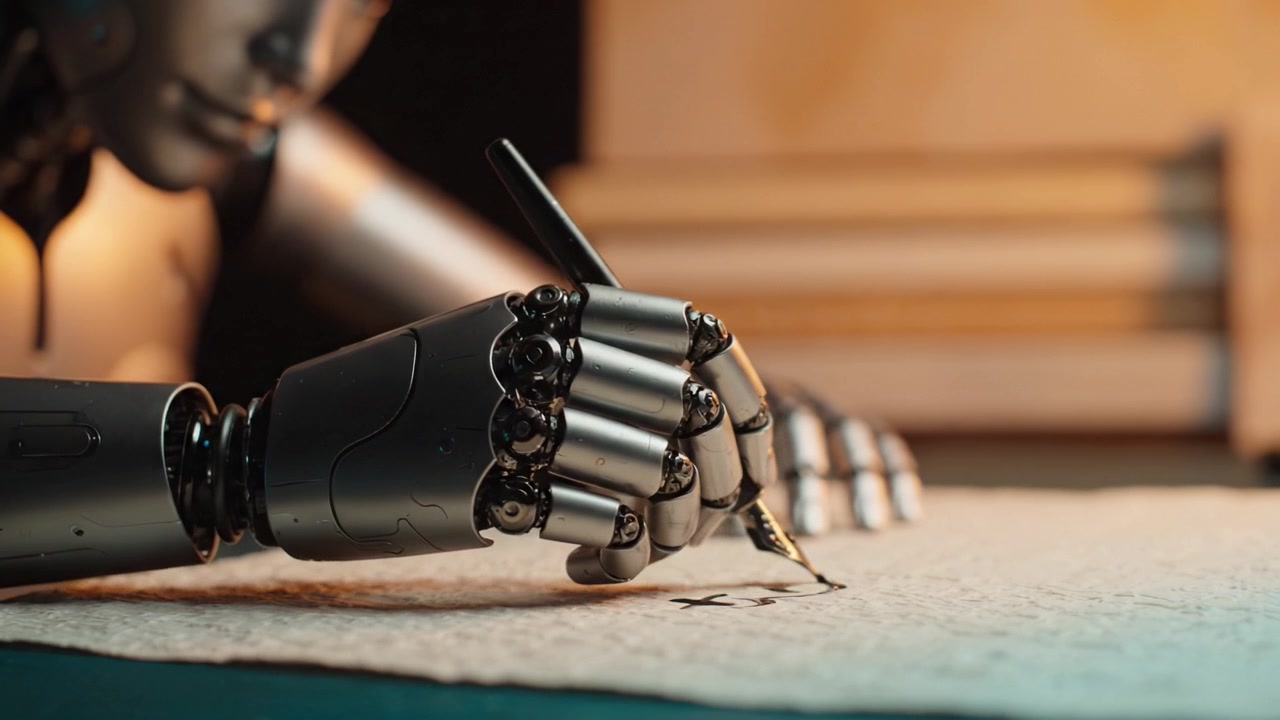 A Futuristic Robotic Hand Skillfully Writing on Paper with a Fountain Pen, Showcasing Advanced Technology in a Close-Up Artistic Scene