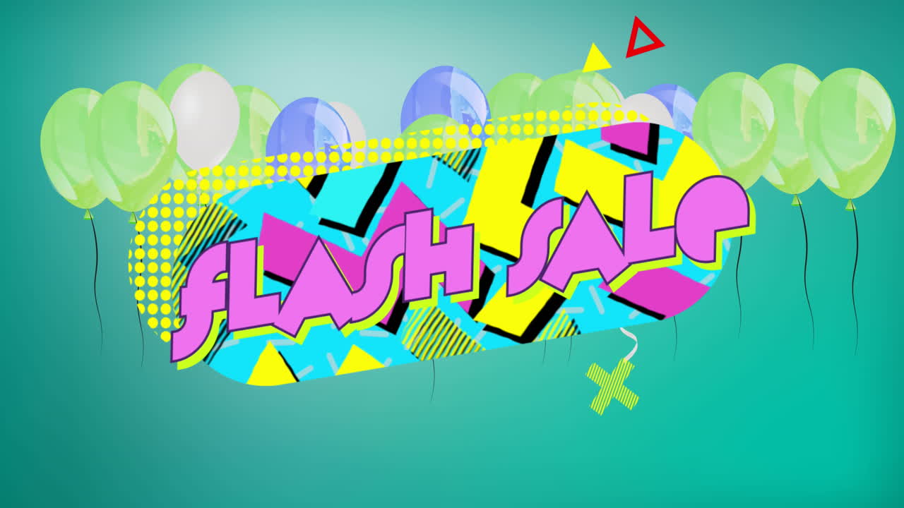 animación del texto de venta flash sobre el banner y los globos sobre fondo verde