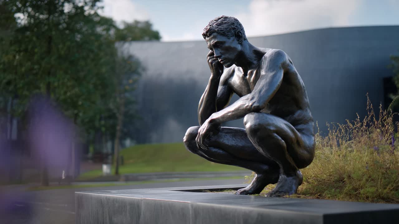 A contemplative bronze sculpture of a man crouched in thought, showcasing the artistry and emotion captured in this beautiful outdoor setting
