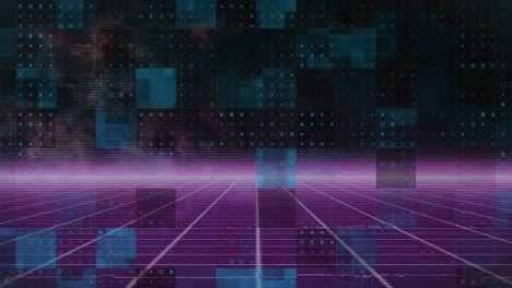 animation of dots and blue squares moving over digital black and violet space