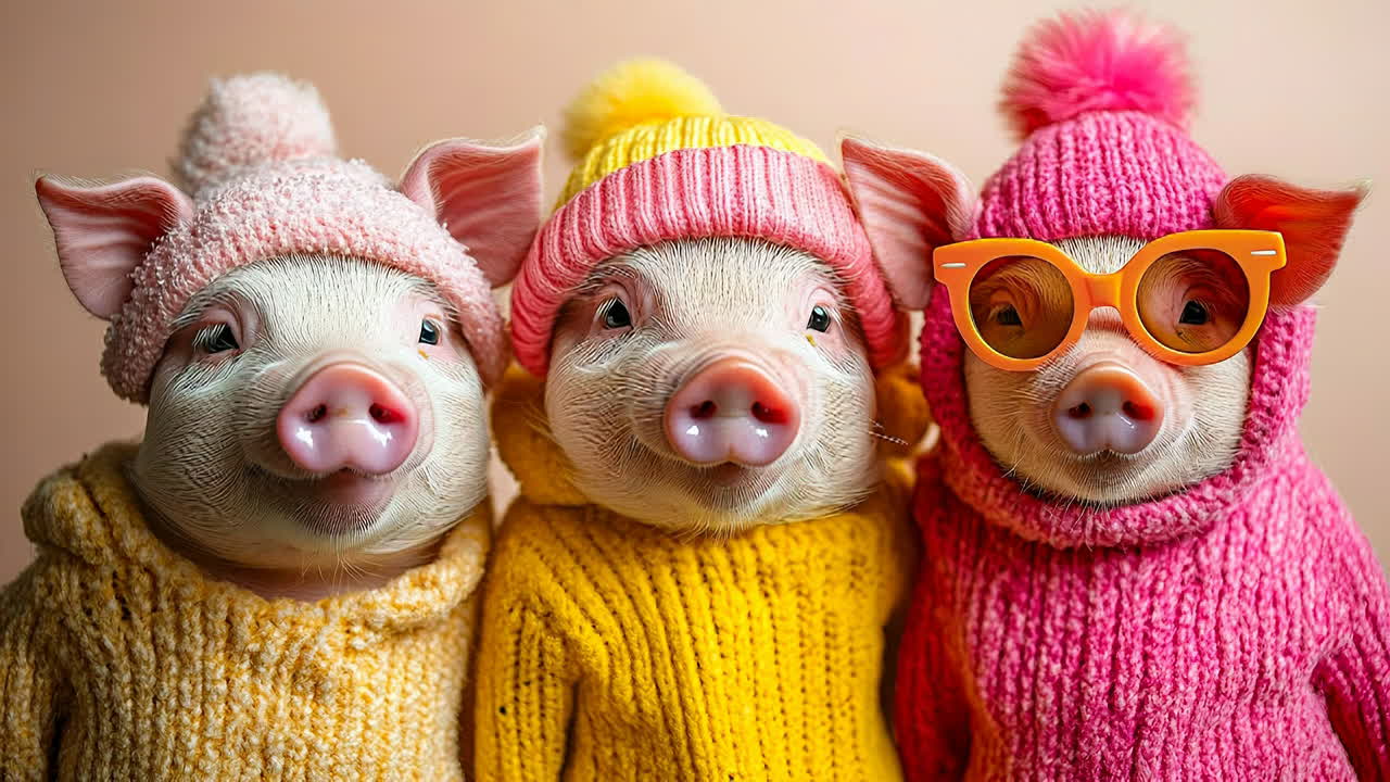 Babi mengenakan sweter cerah yang lucu!. Tiga babi tersenyum sambil mengenakan sweter dan topi cerah. Mereka berpose bersama untuk momen lucu.