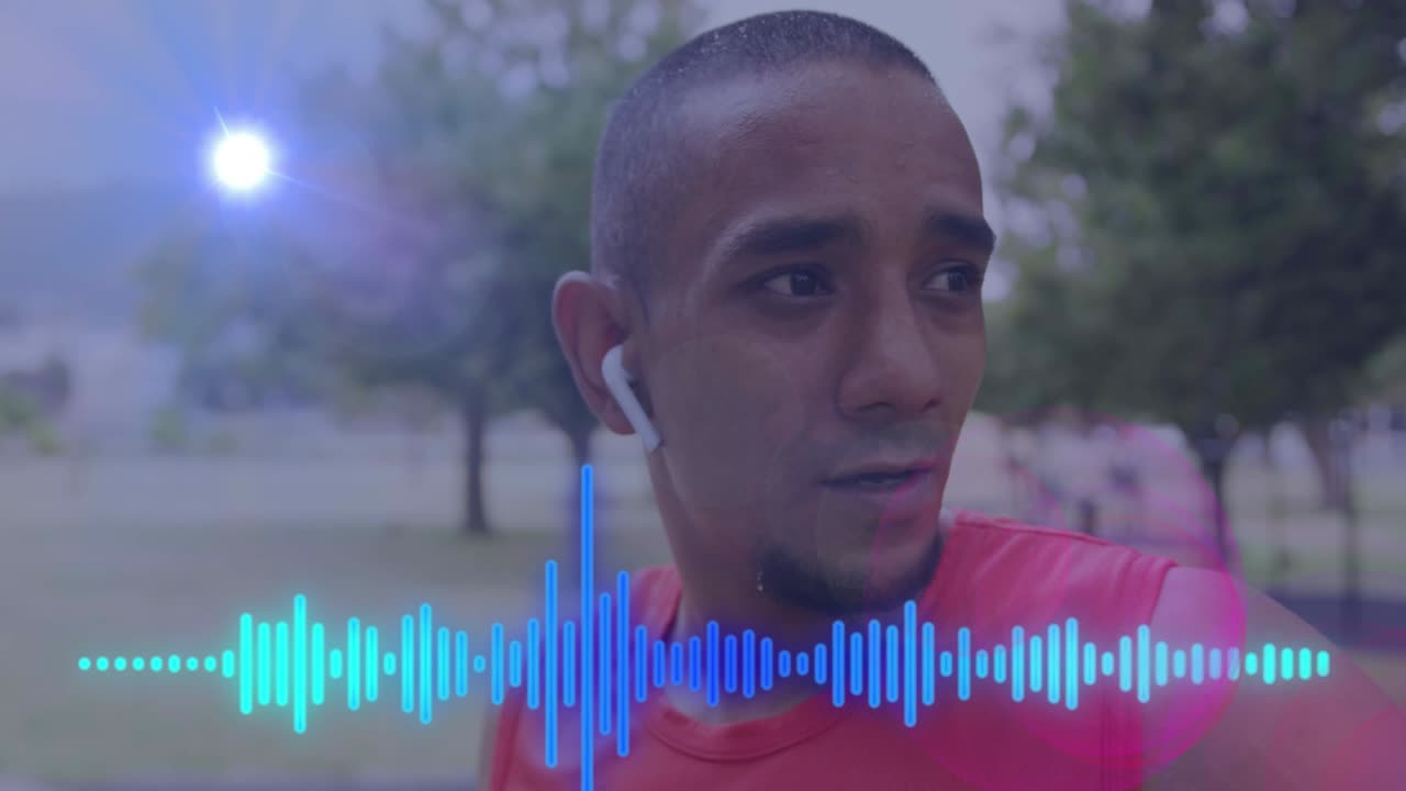 animación del medidor de pico de audio azul sobre un atleta masculino que hace ejercicio al aire libre con auriculares inalámbricos