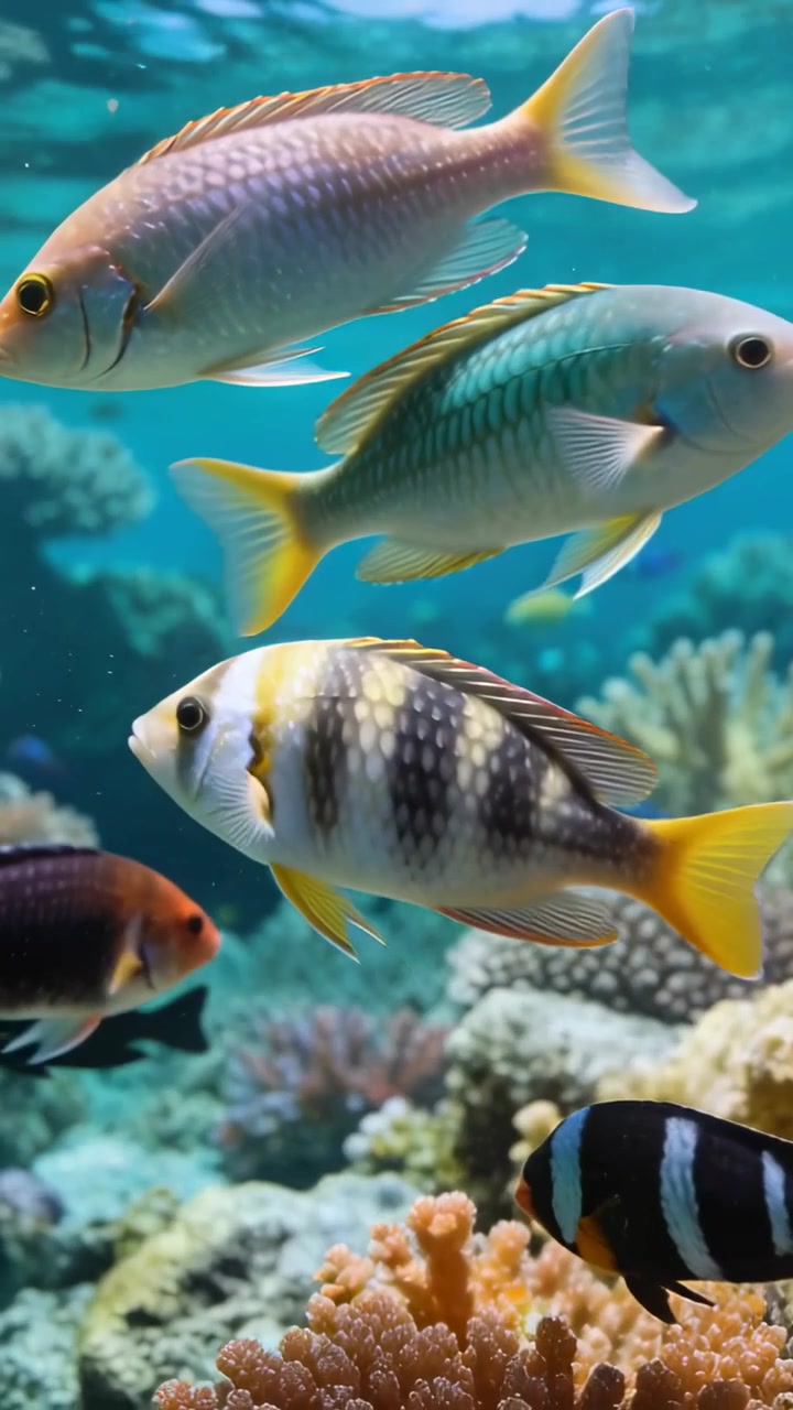 Video verticale: Pesce dalla coda gialla che scivola, spinto dalla corrente, nuotando a destra attraverso la barriera corallina oltre il corallo.