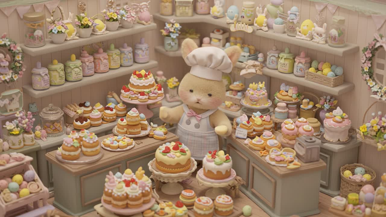 Charming Bakery Scene Featuring a Delightful Bunny Chef Surrounded by Colorful Pastries and Bakery Items, Captured in a Whimsical and Sweet Atmosphere