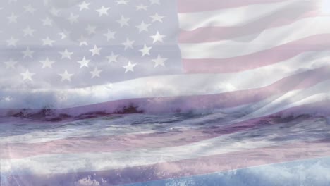 Digitale-Komposition-Der-Schwenkenden-US-Flagge-Gegen-Wellen-Im-Meer