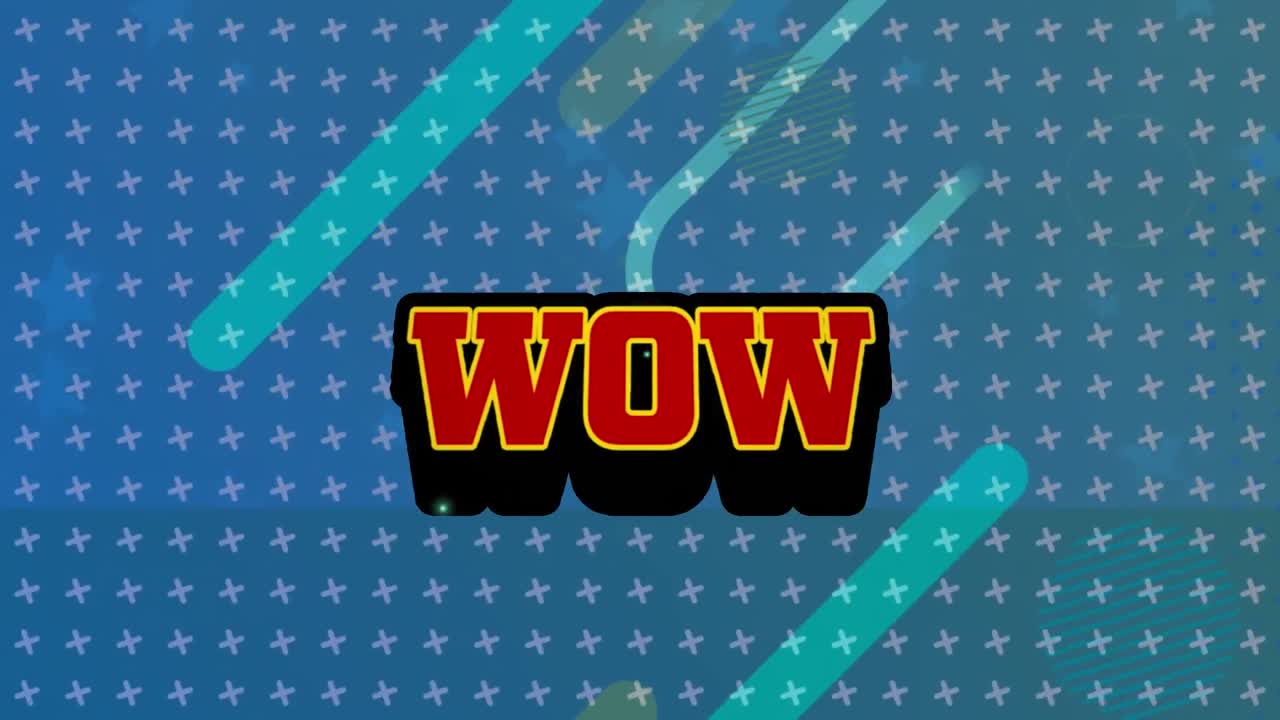 파란색 배경에 x 기호와 막대기 위에 와우 텍스트의 애니메이션