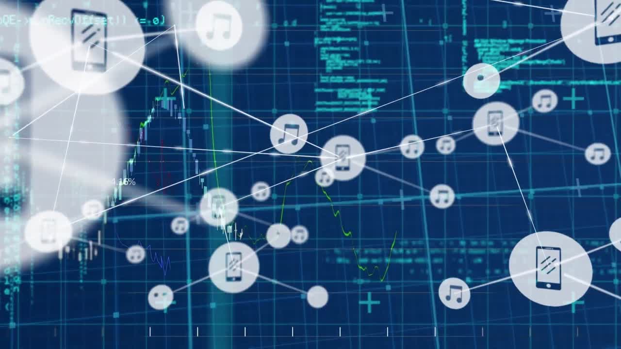 Animation of network of connections with icons over data processing on blue background