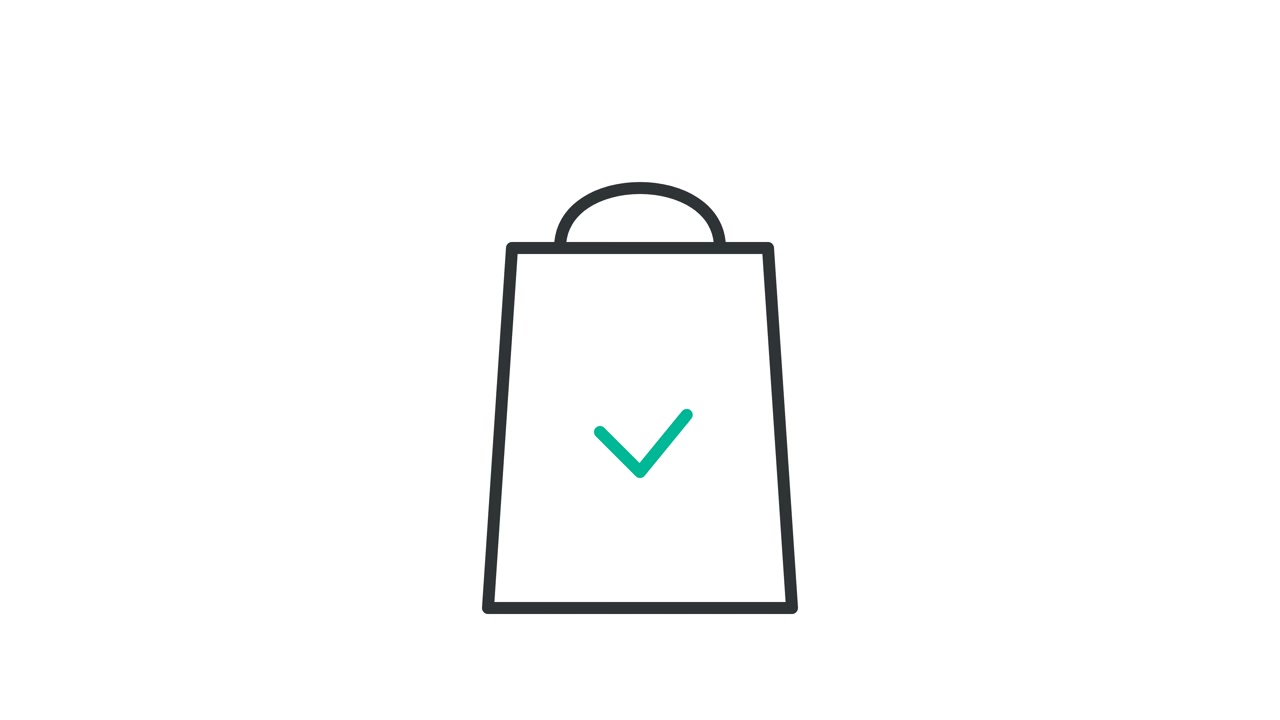 Disegno al tratto animato di una borsa della spesa con un segno di spunta