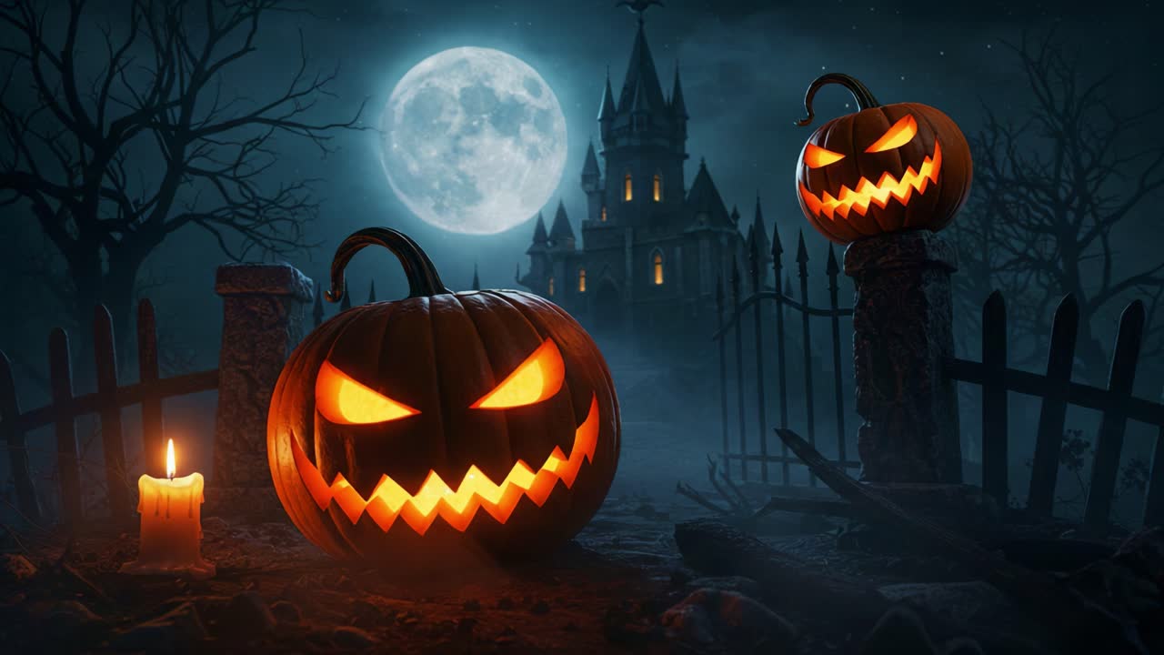 Eerie Halloween Night Scene Featuring Sinister Jack-o'-Lanterns with Glowing Faces Against a Full Moon and an Ominous Castle in the Background