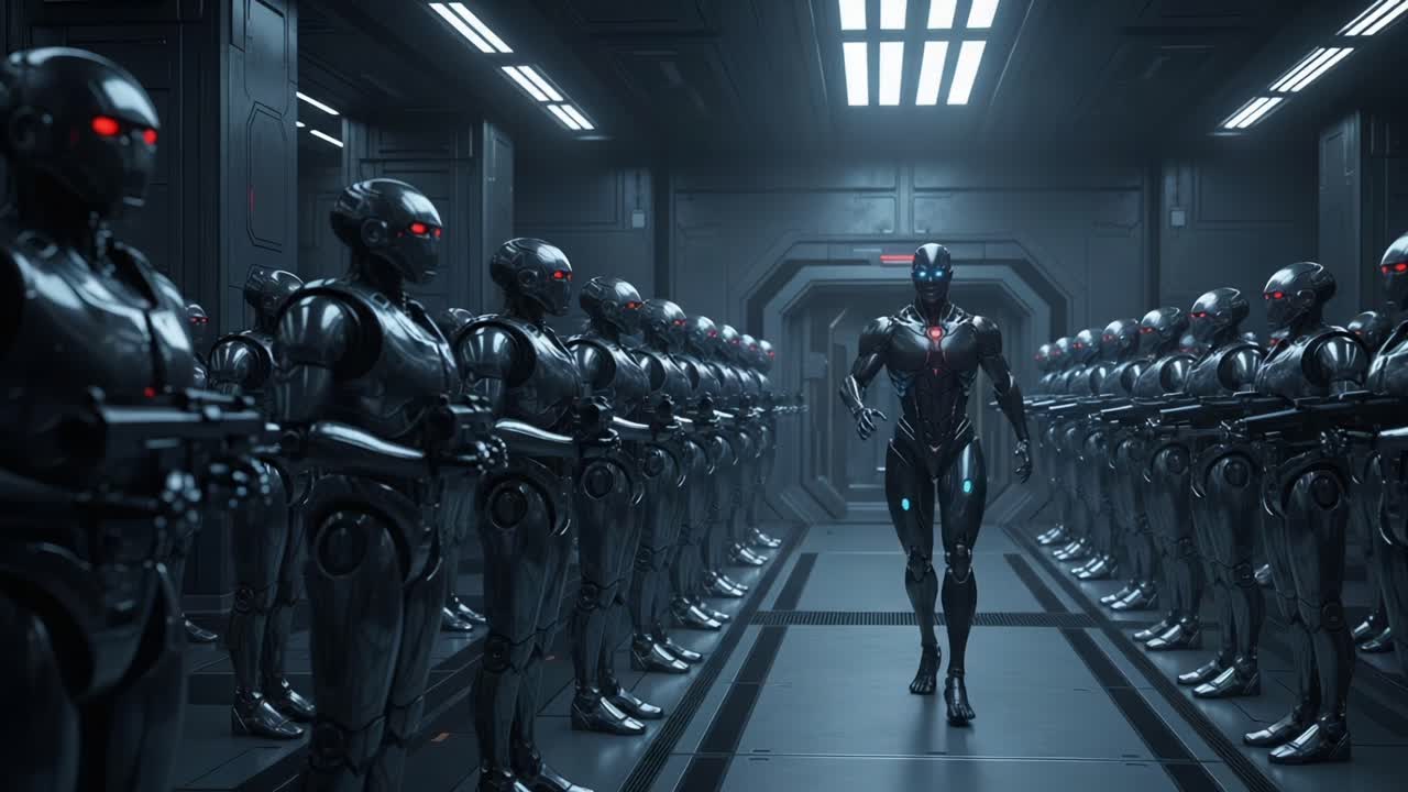 Future of Robotics: A Solemn Encounter Between a Revolutionary Android and Its Lineup of Mechanical Precursors in a High-Tech Facility