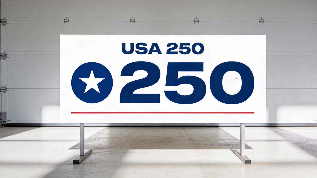 Puxando a câmera para frente, mostrando um outdoor USA 250 se aproximando para destacar um gráfico na garagem