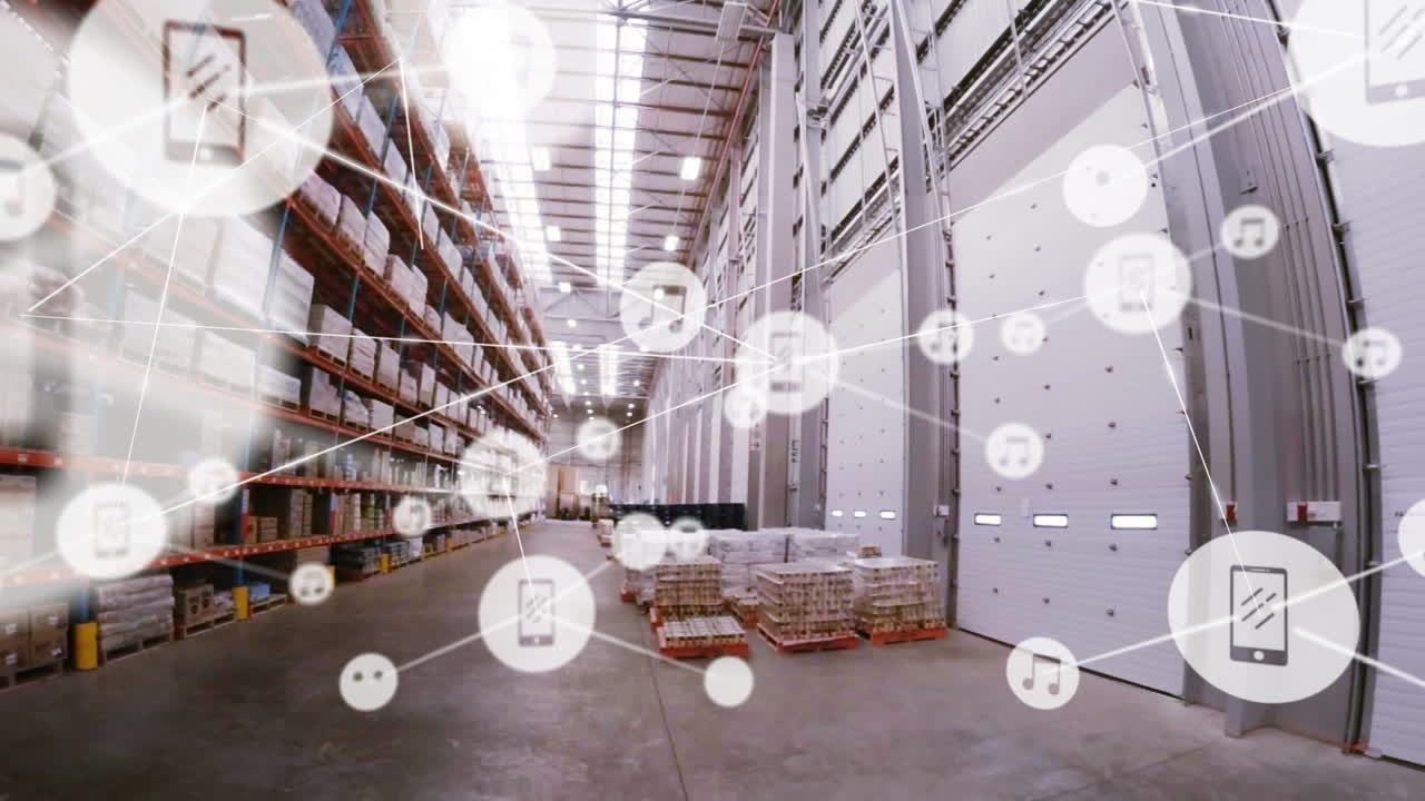 animación de redes de conexiones con iconos sobre el almacén